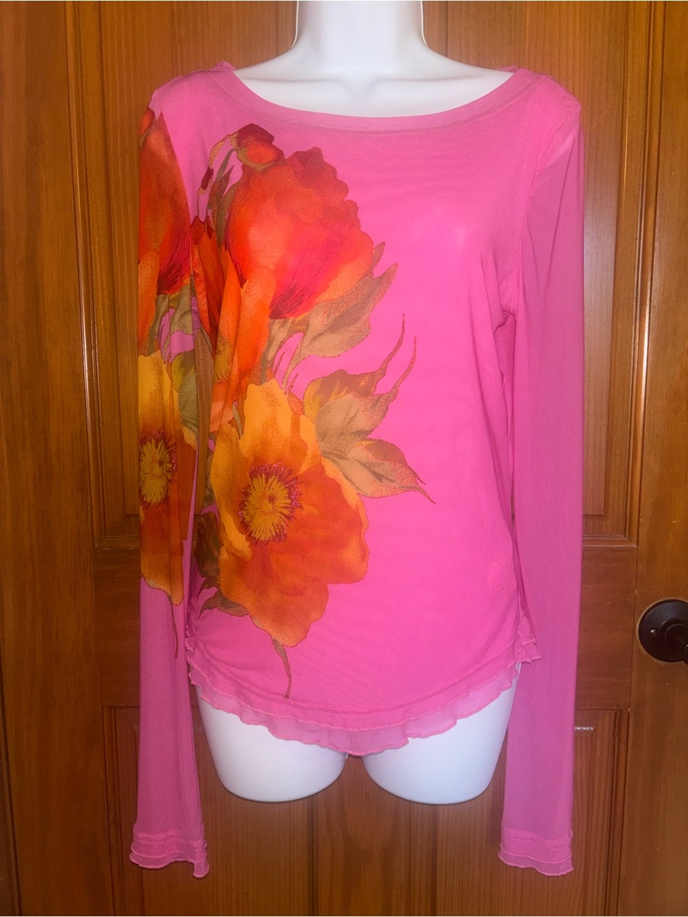 Free People Pink Long-Sleeve Floral Scoop Neck Top